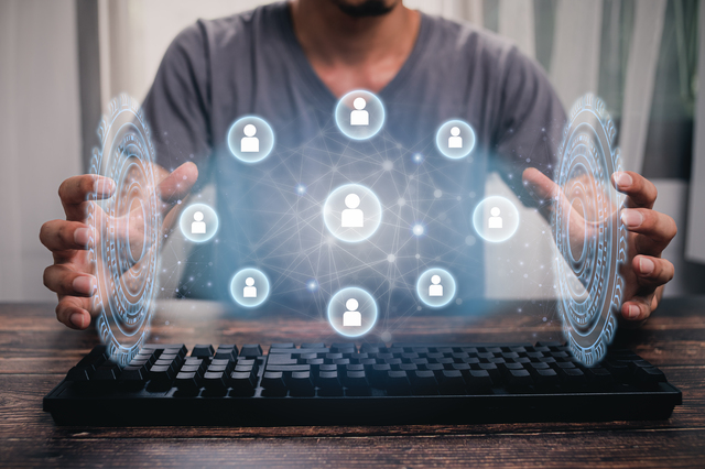 Social network icons show communication contacts. illustration